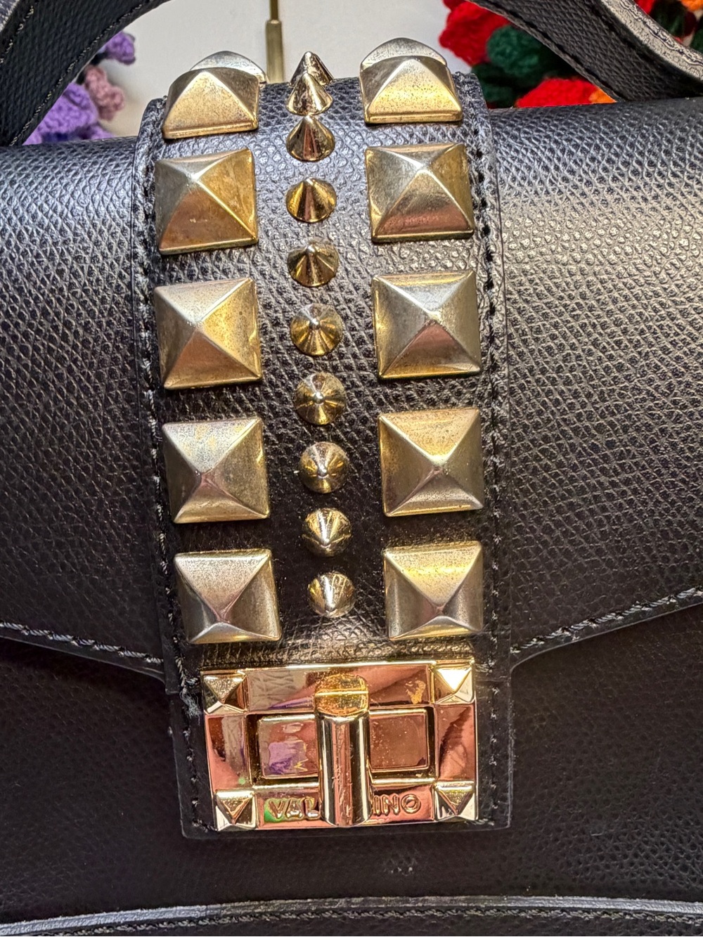 Valentino Black Leather Satchel with Gold Stud Detailing EUC with COA - Picture 5 of 10